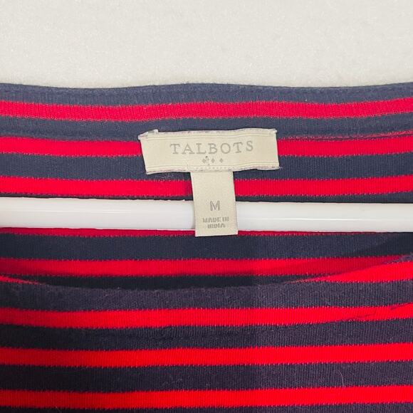 Talbots Sweater Womens Medium Red Navy Blue Striped Boat Neck Knit Top Pullover - Picture 6 of 12